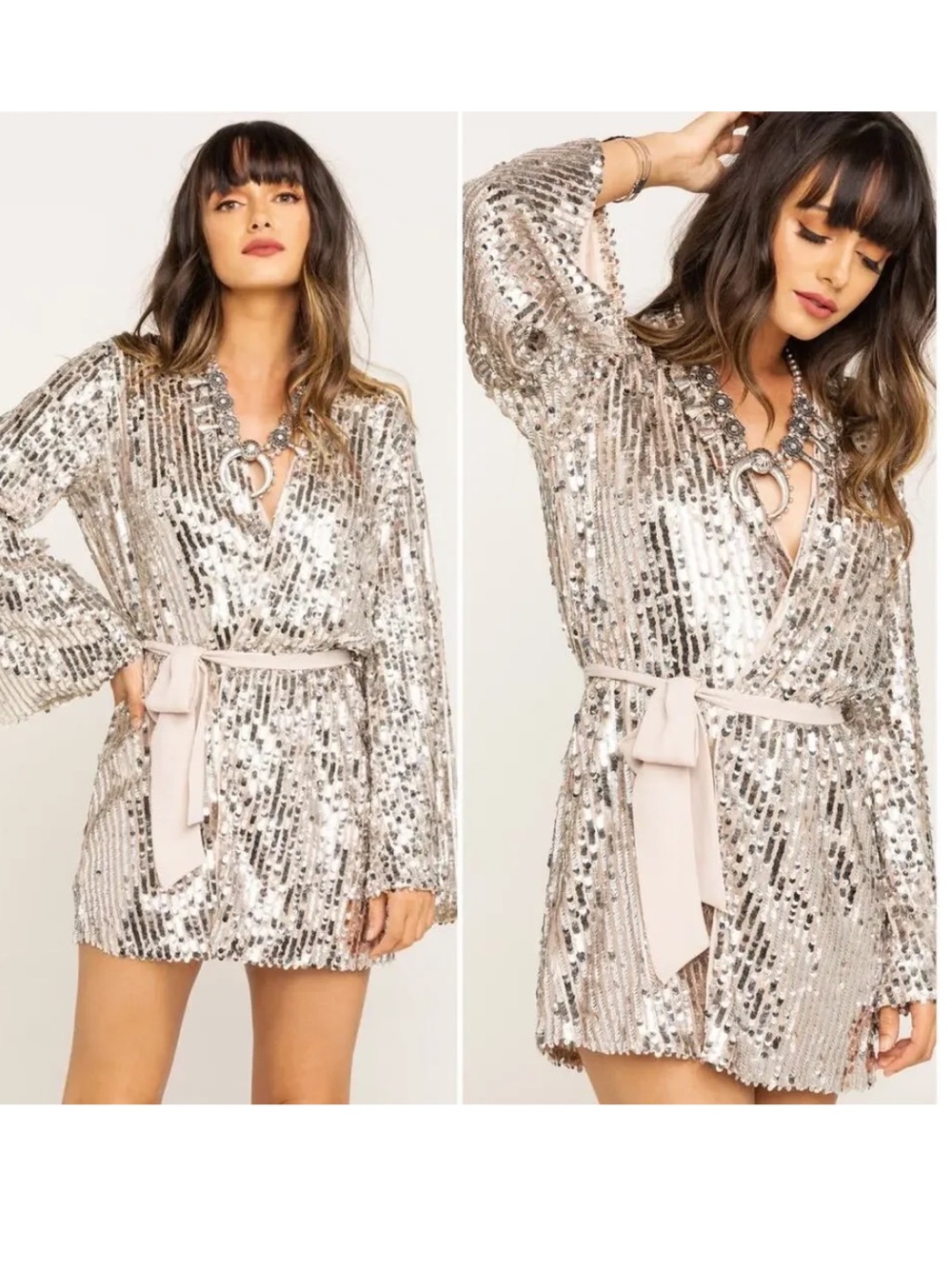 Show Me Your MuMu Silver Sequin Wrap Dress with Cream Sash